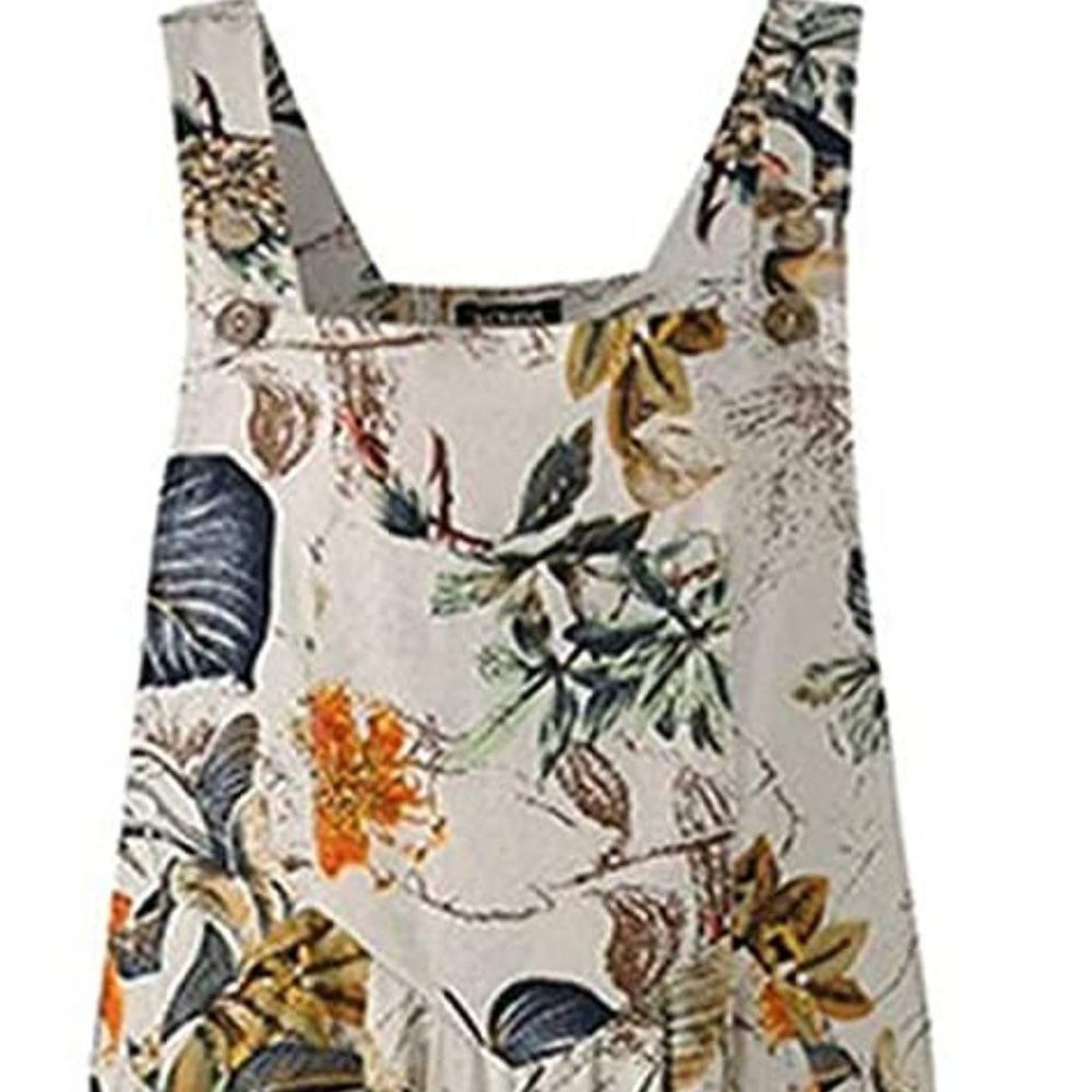 Wide Leg Overall Cream Colored Leaf & Bird Pattern
